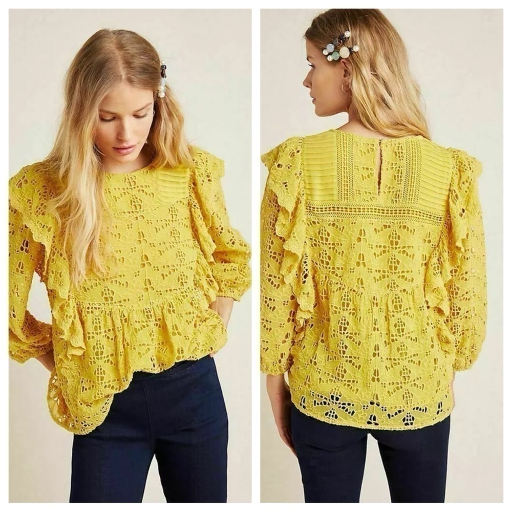 Anthropologie Clementine Blouse Eyelet Ruffle Pullover Puffed Sleeve Top